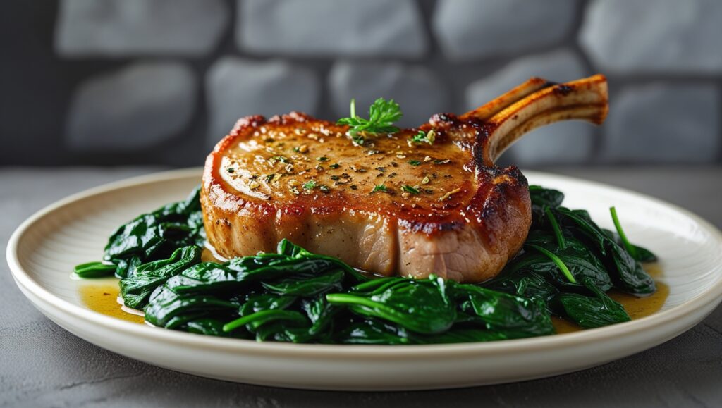 Perfect pork chops on a bed of greens