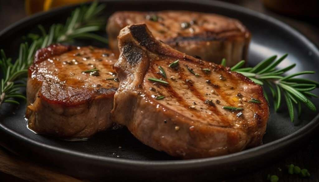 Close-up of a juicy pork chop cut in half