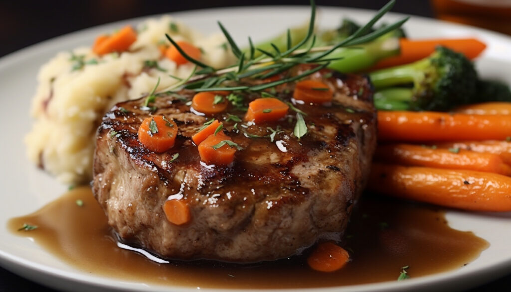 Grilled steak, fresh vegetables, savory sauce a gourmet meal