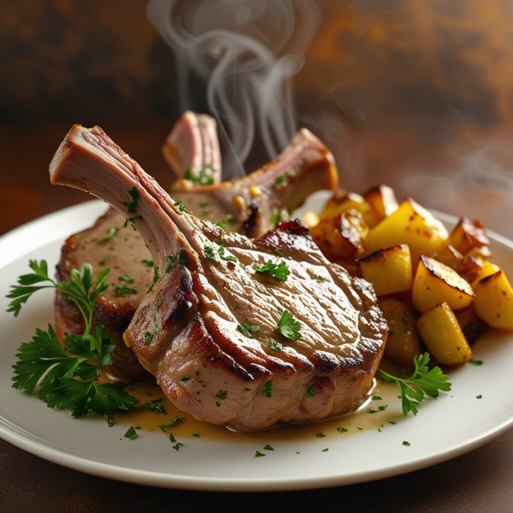 Juicy pork chop with a side of vegetables