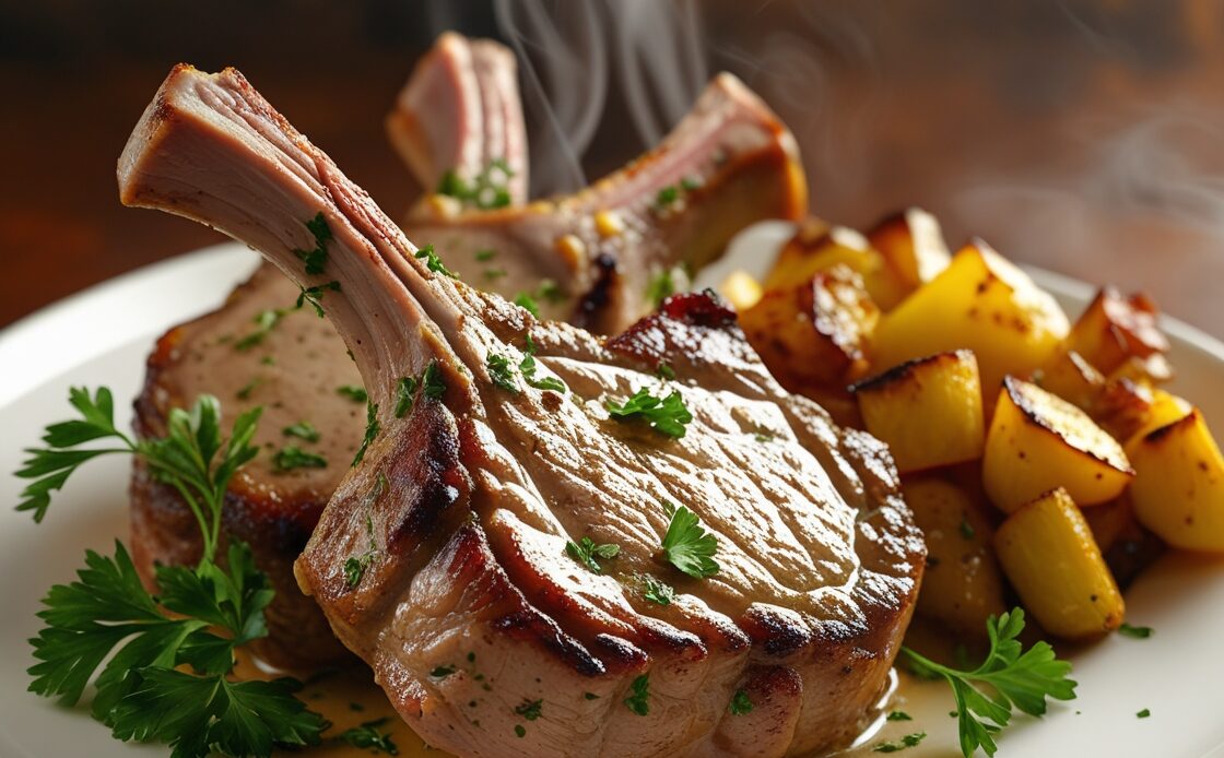 Juicy pork chop with a side of vegetables