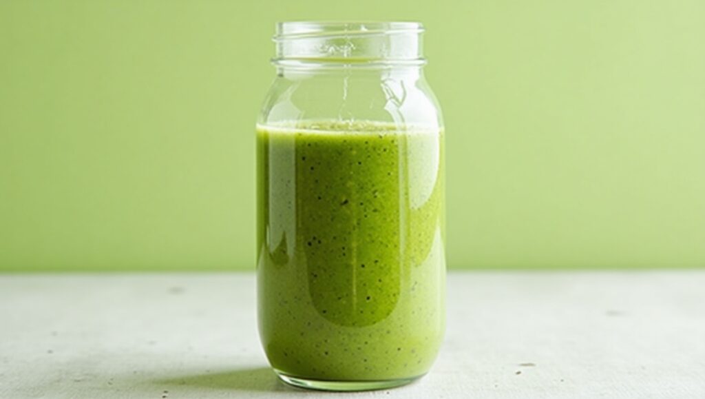 A green smoothie with avocado, kale, and chia seeds
