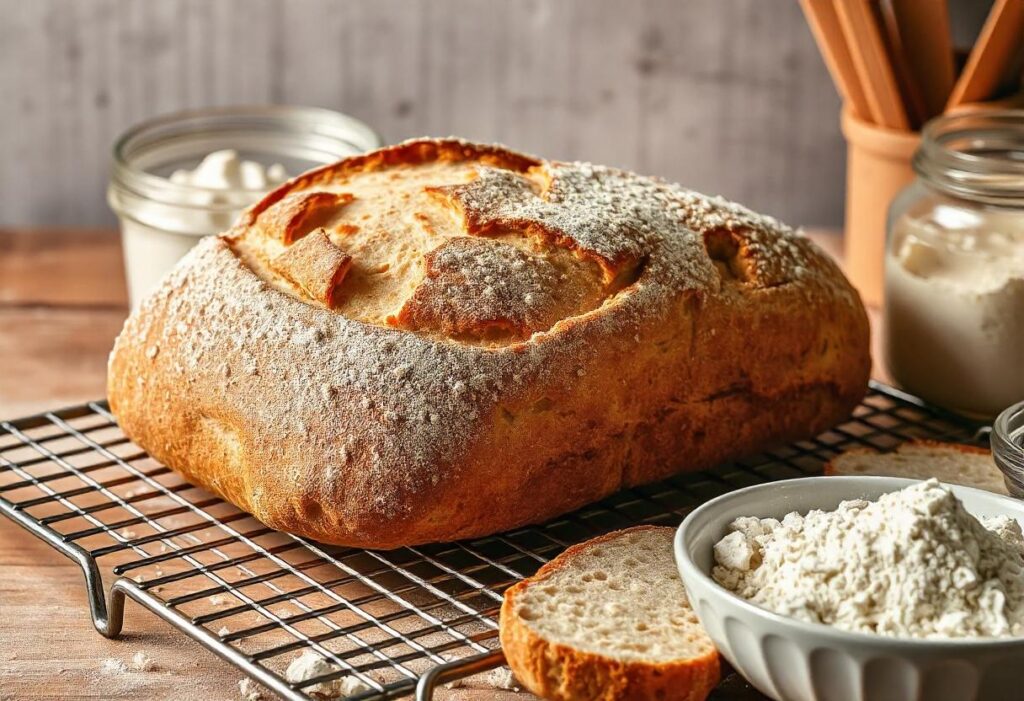 Close-up of a sliced sourdough loaf showing its airy crumb texture
