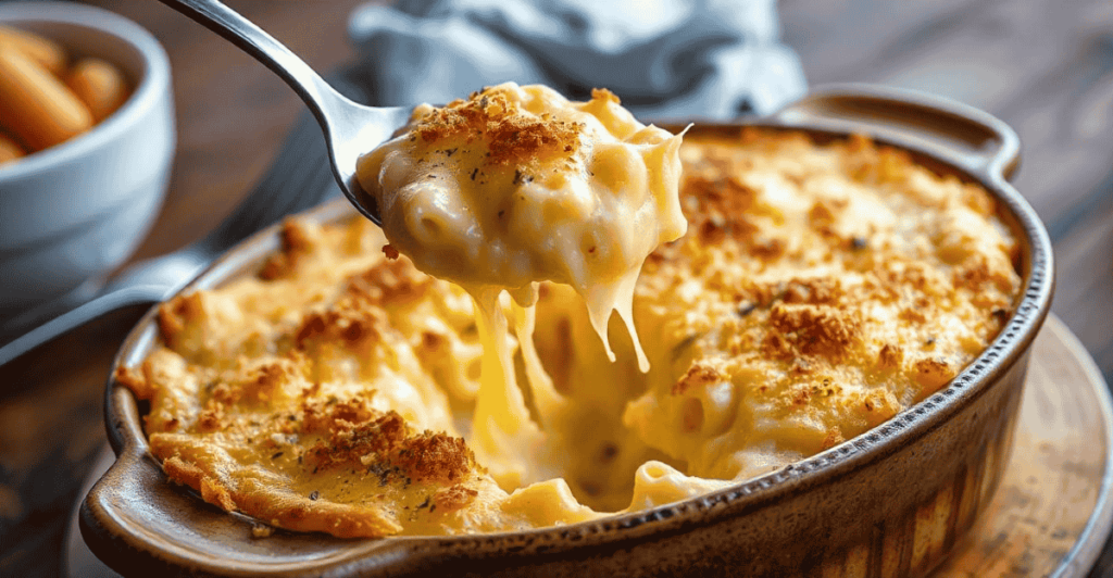 A close-up of a cheesy baked casserole, golden and bubbling with melted cheese.