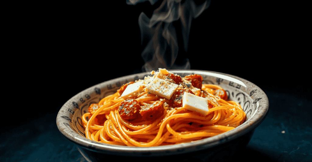 Close-up of million dollar spaghetti topped with melted cheese and savory marinara sauce