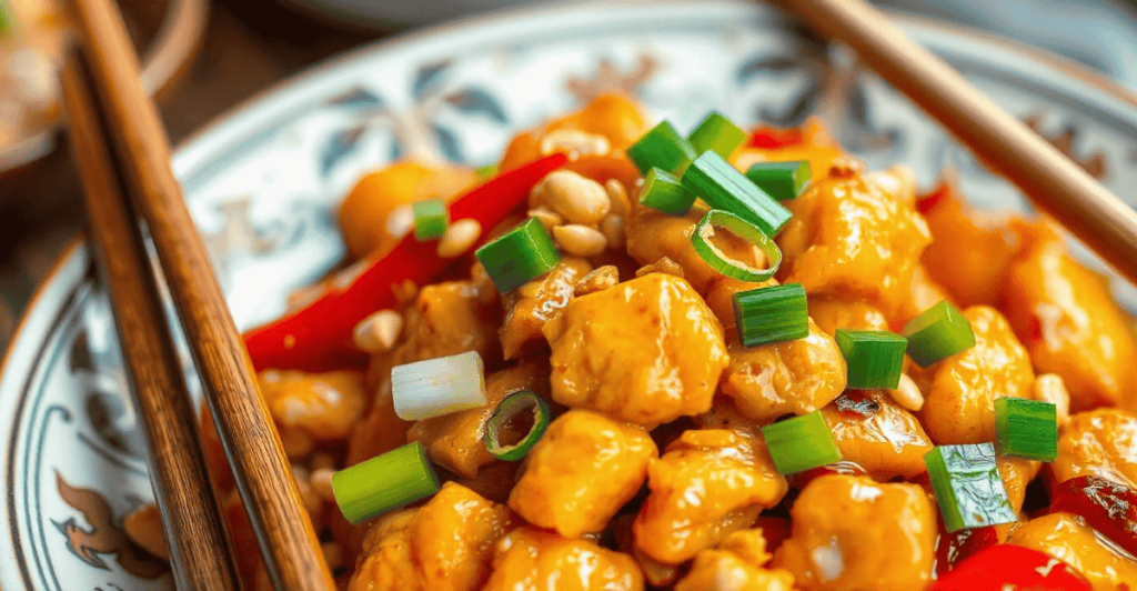 Close-up of homemade Chinese stir-fry with vegetables and chicken served in a bowl.