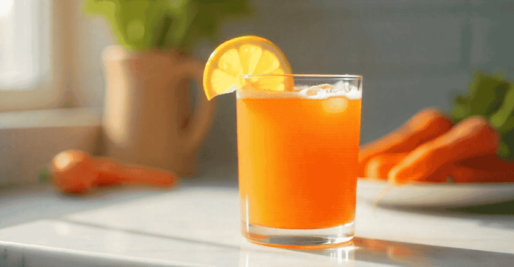 A pitcher of homemade carrot juice with ice cubes and a glass ready to serve