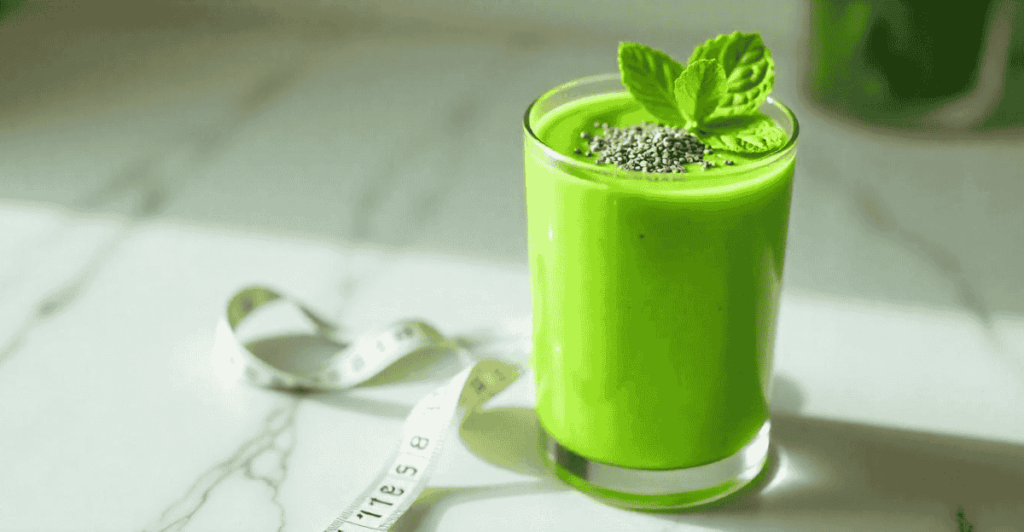 A refreshing weight loss smoothie in a glass, garnished with fresh fruits and mint.