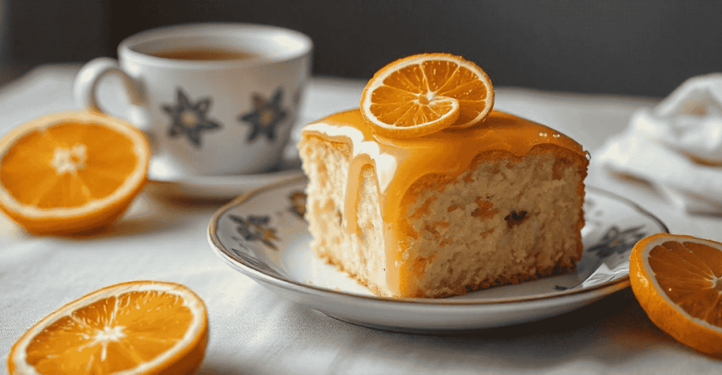 Moist orange cake with a citrus glaze ready to serve