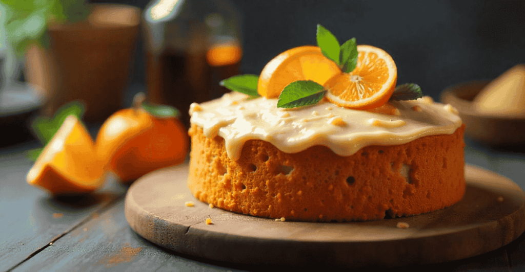 Finished orange cake on a plate with a light orange glaze