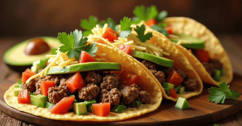 A plate of classic beef tacos with fresh toppings and salsa
