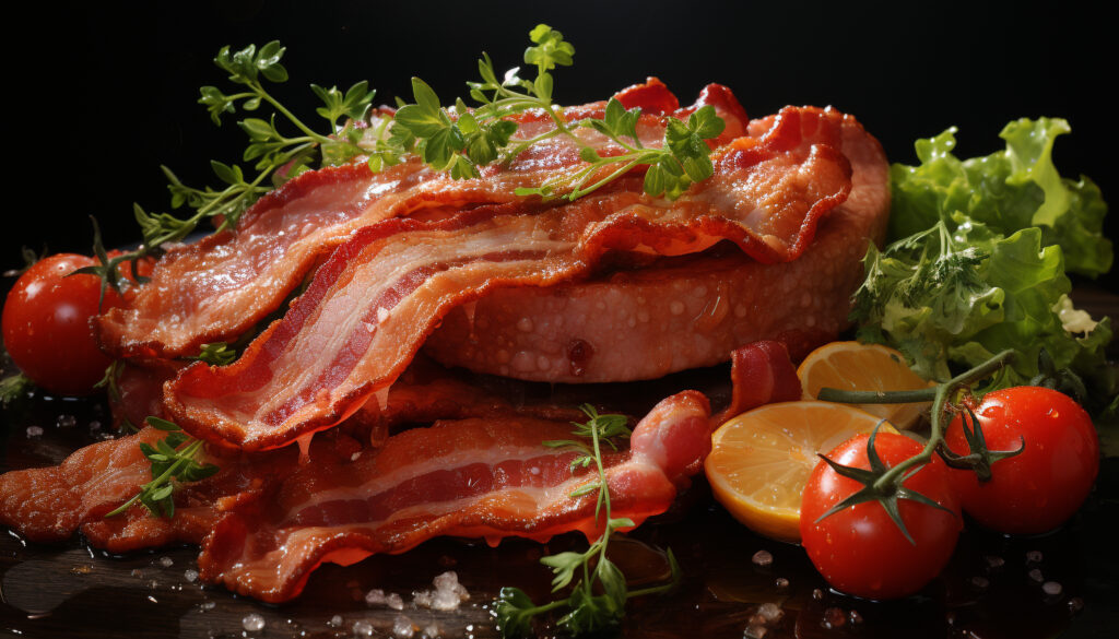 Grilled pork steak, bacon slice, fresh tomato on wood plate