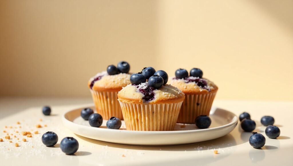 A stack of warm blueberry muffins with a golden crust