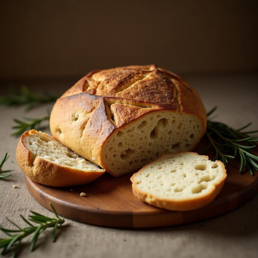 A sliced sourdough loaf showcasing its perfect crumb structure
