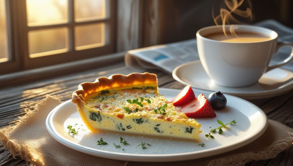 Close-up of a perfectly sliced quiche filled with eggs, cheese, and vegetables