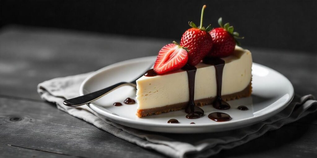 Cheesecake slices served with whipped cream and a drizzle of chocolate syrup.