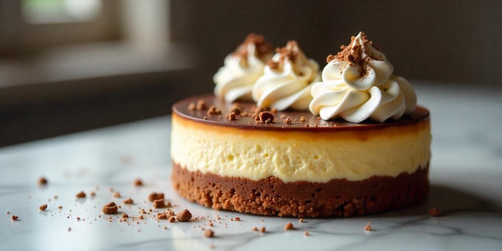 Layered cheesecake dessert with chocolate and caramel, an elegant twist from the Cheesecake Recipe Guide.