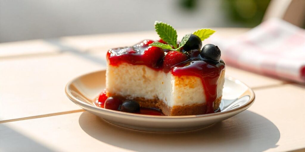 Cheesecake topped with mixed berries and powdered sugar