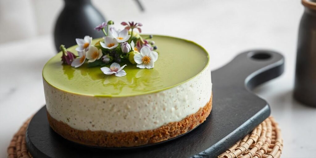 A close-up of a creamy cheesecake slice, emphasizing texture and richness