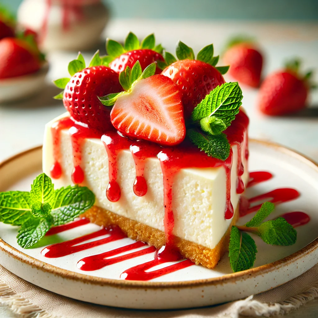 A no-bake cheesecake with a smooth texture and sweet, tangy flavor