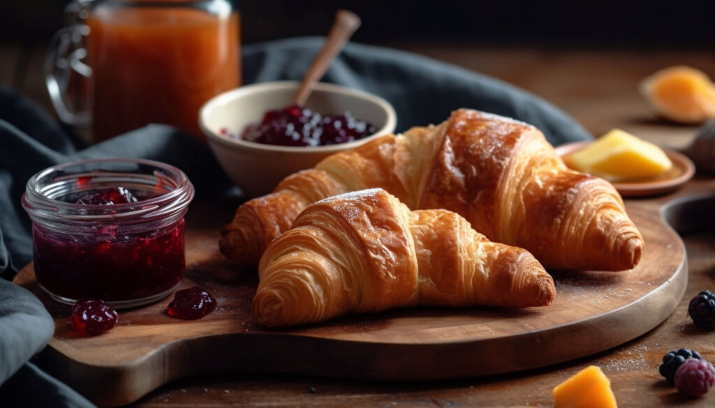 Freshly baked golden croissants with flaky layers, perfect for breakfast.