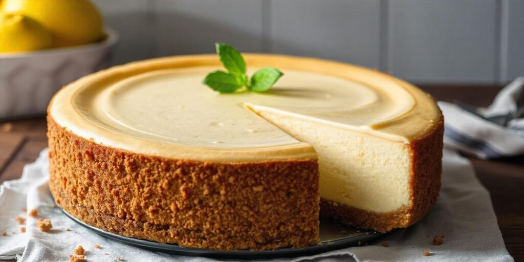 Cheesecake on a cake stand, ready for serving.