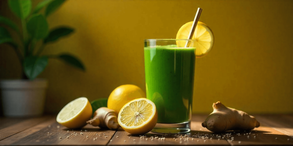 A vibrant green smoothie with spinach and fruits served in a glass
