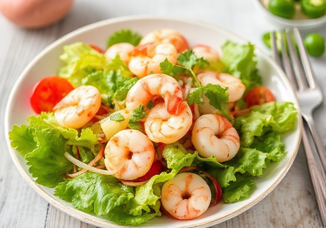 Delicious shrimp salad served in a bowl with tomatoes, cucumber, and herbs.