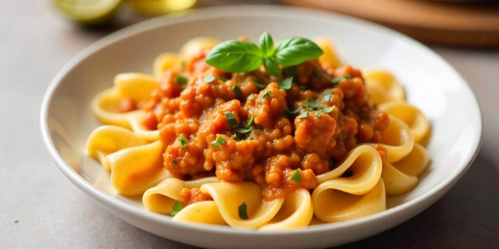 Ground beef and pasta in a creamy tomato sauce, ready to serve