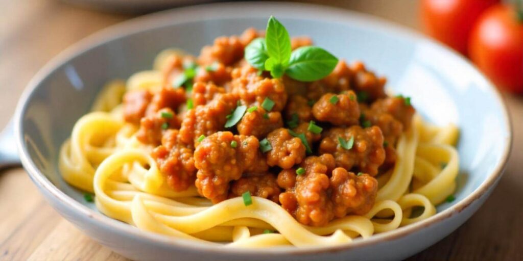 Simple ground beef pasta recipe with bell peppers and onions