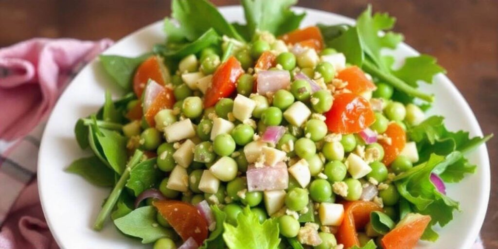 A vibrant pea salad with creamy dressing