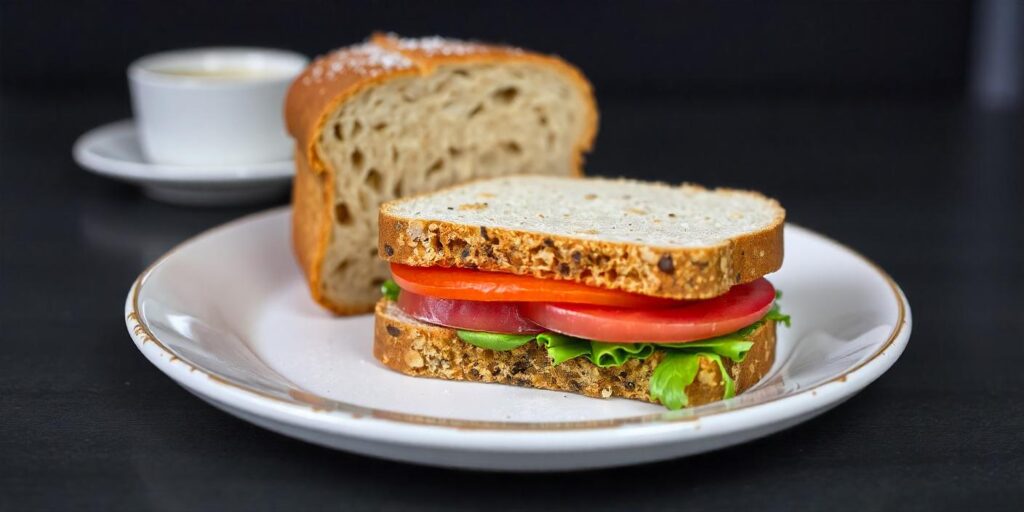 A warm, freshly baked sandwich loaf with a soft, airy crumb inside