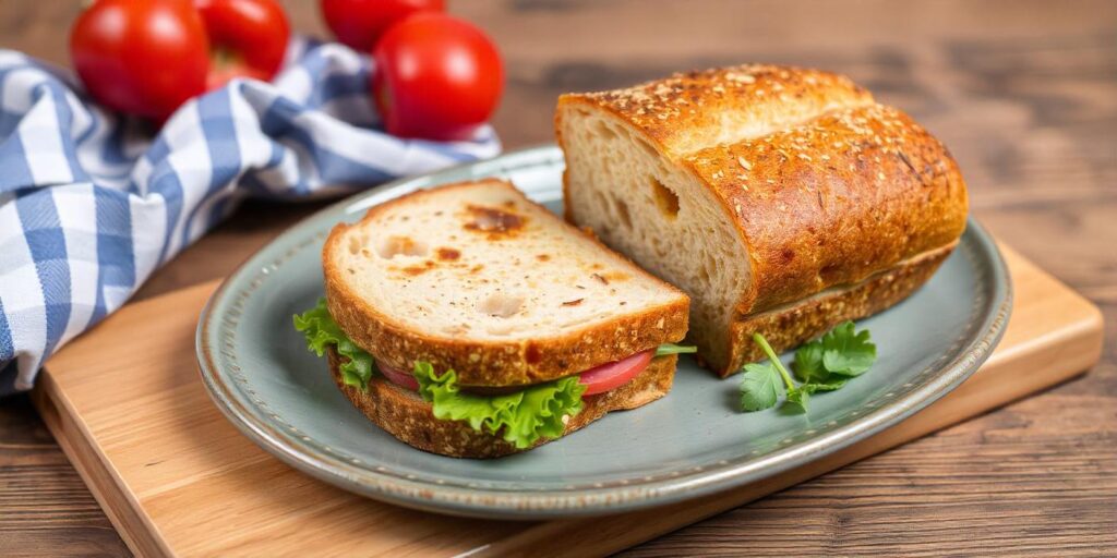 Freshly baked sandwich bread loaf with a golden crust and soft interior.