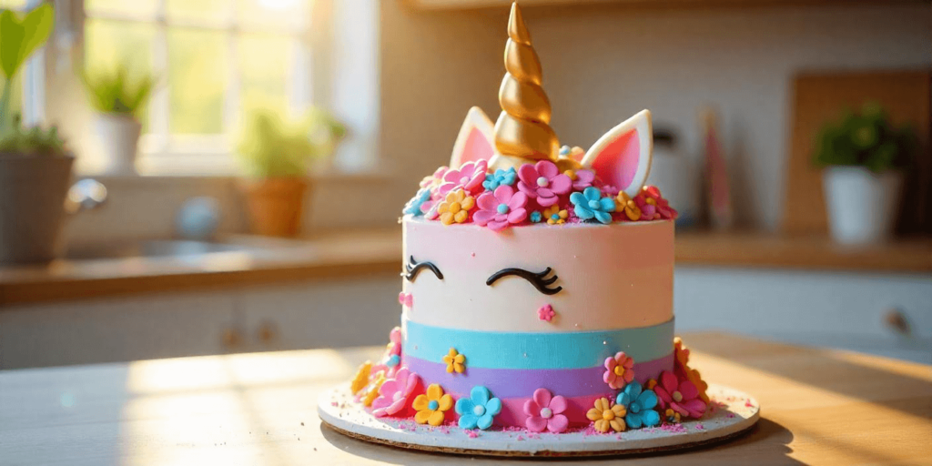 Magical unicorn cake covered in multi-colored icing and finished with gold details.
