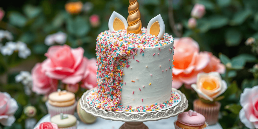 Cute unicorn cake with pastel-colored buttercream flowers on top.