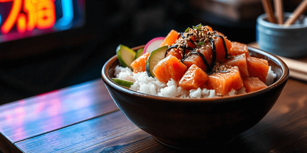 Salmon poke bowl with colorful ingredients and a perfect balance of flavors.
