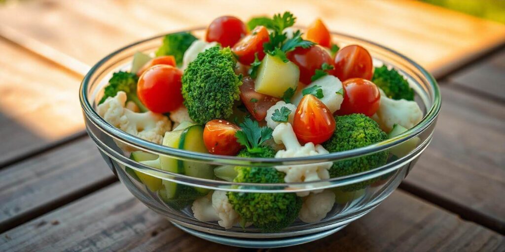 A vibrant bowl of broccoli cauliflower salad with bacon, cheese, and a creamy dressing.