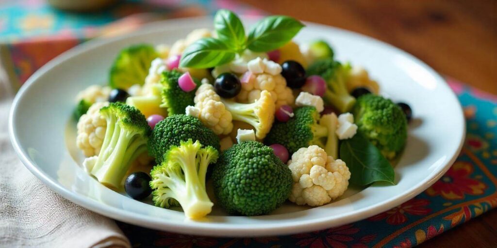 A close-up of crunchy broccoli and cauliflower florets mixed with a tangy dressing.