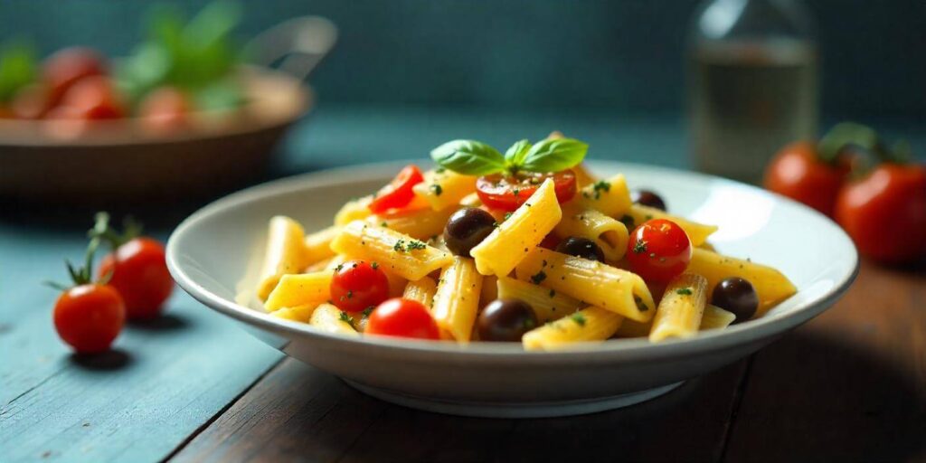 Close-up of a creamy penne pasta dish with fresh basil