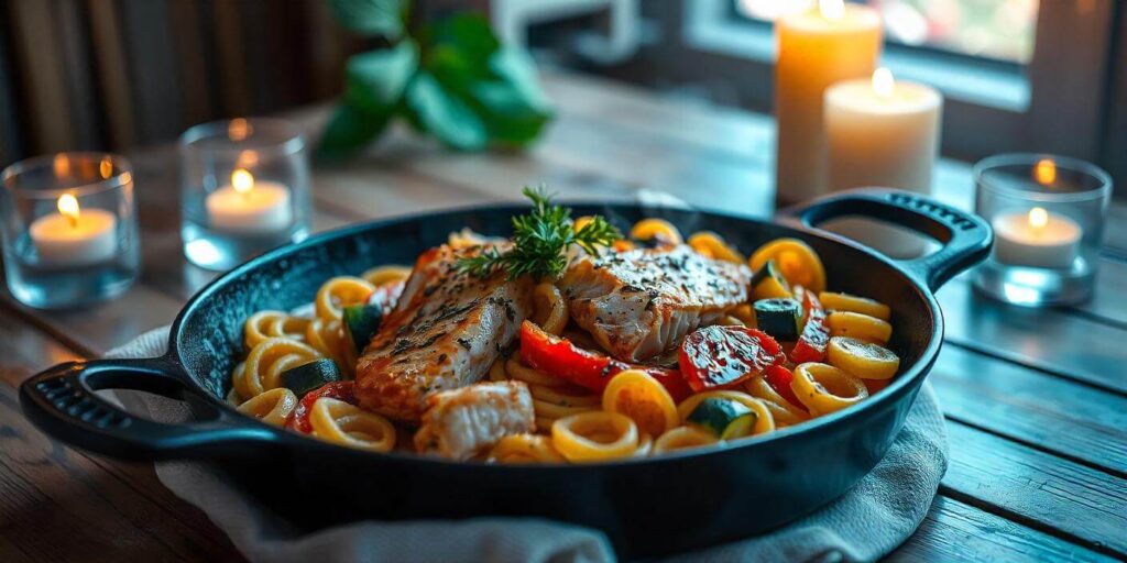 Perfectly cooked salmon with creamy pasta in a savory sauce