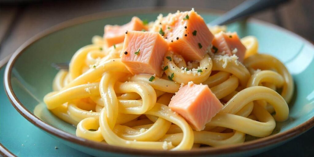 Delicious plate of salmon pasta garnished with fresh dill