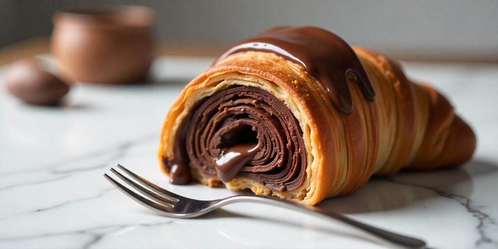 Freshly baked chocolate croissants with a golden, flaky crust and melted chocolate inside