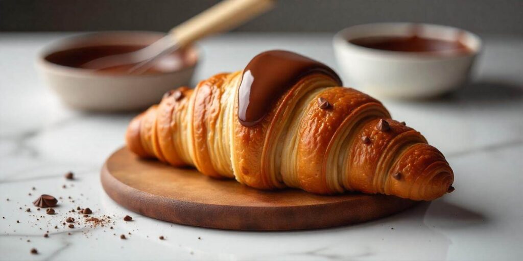 Golden, flaky chocolate croissants cooling on a baking tray, ready to enjoy.