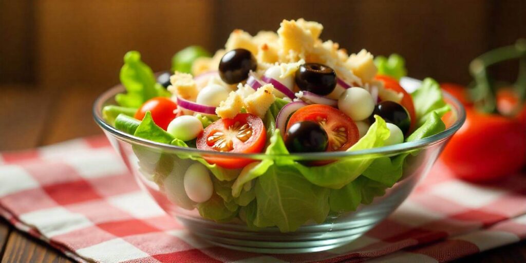 Tossing a fresh Olive Garden salad with homemade dressing