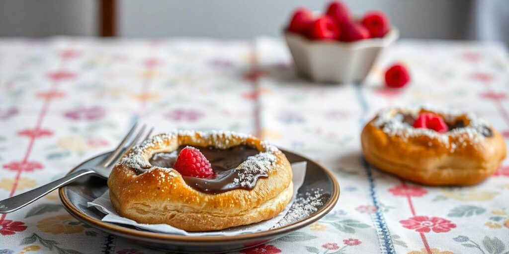 Close-up of a puff pastry dessert with chocolate drizzling on top.