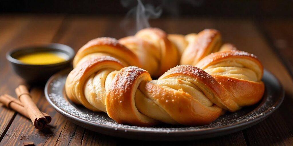 A golden, flaky puff pastry dessert topped with powdered sugar.