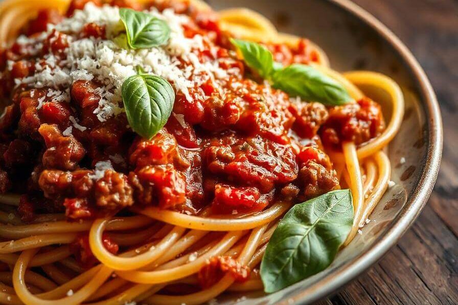 Ground beef pasta served with a rich marinara sauce and Parmesan cheese