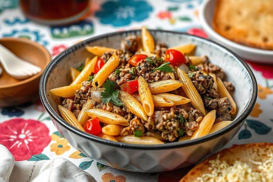 Quick ground beef pasta dish with a savory meat sauce