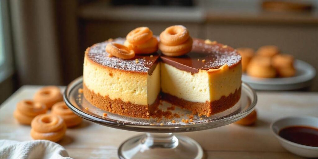 Close-up of a slice of churro cheesecake topped with cinnamon and sugar