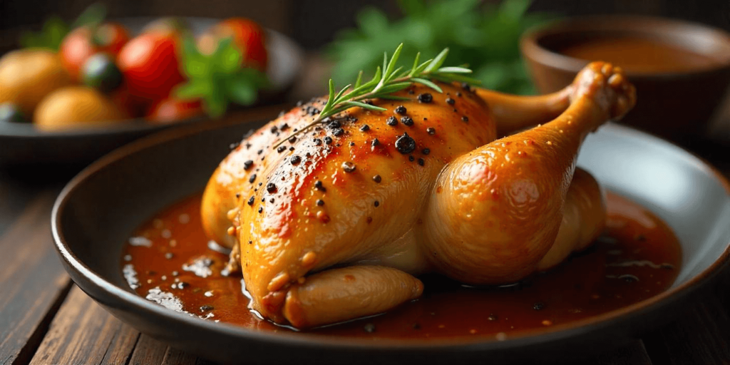 Braised chicken with perfectly crispy skin, garnished with herbs